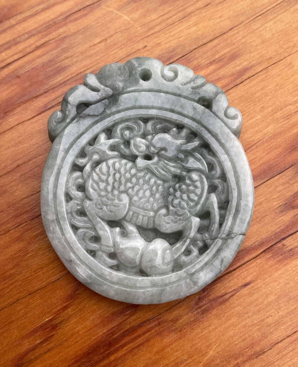 Pair Nephrite Jade Pendants Qilin & Foo Dog Ancient Style Carved Translucent MCM