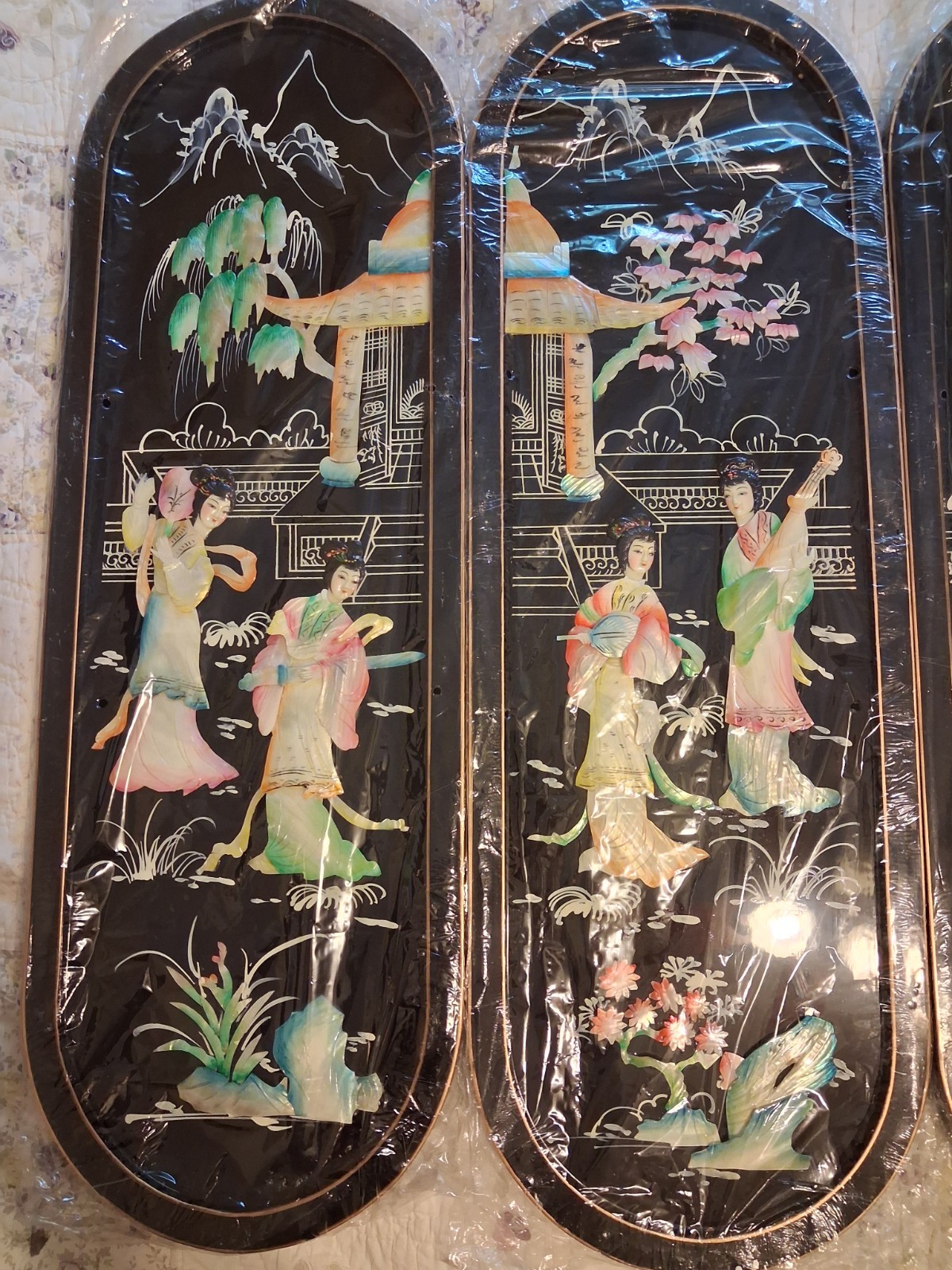4 Vintage Asian Oriental Mother of Pearl Black Lacquer Wall Art Plaque Panels