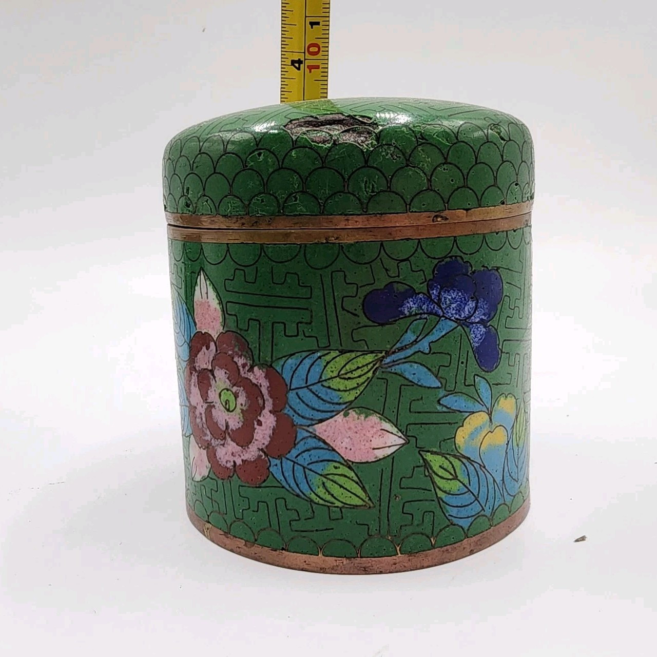 Vtg Green Chinese Lidded Cigarette Matches Ashtray Cloisonné Set Blue Enamel