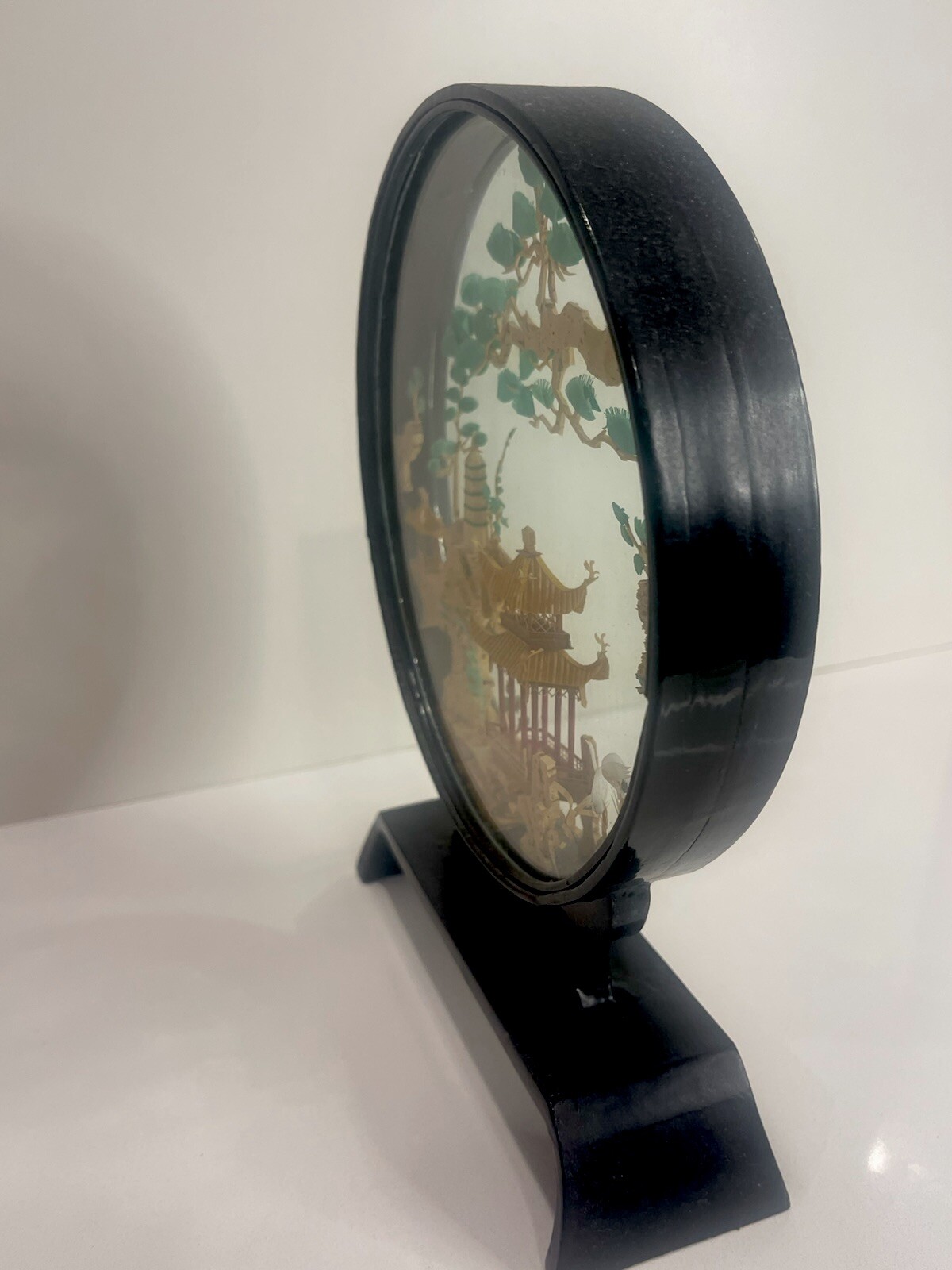 VTG PERFECT Chinese Cork Carving Lattice Pavilion Diorama Black Lacquer Frame