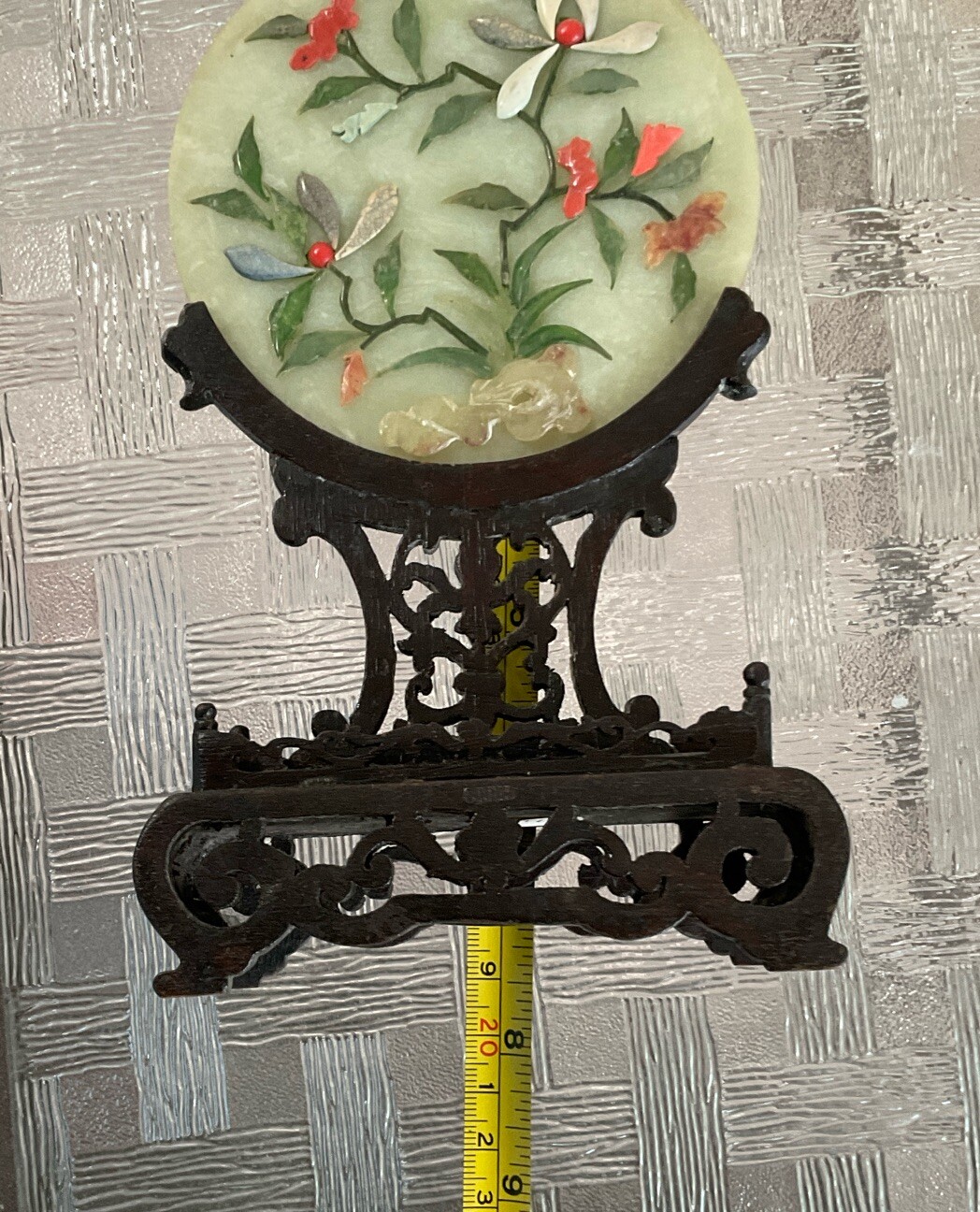Vintage Possibly Antique Chinese Jade Coral Miniature 7.50” Plaque on Wood Stand