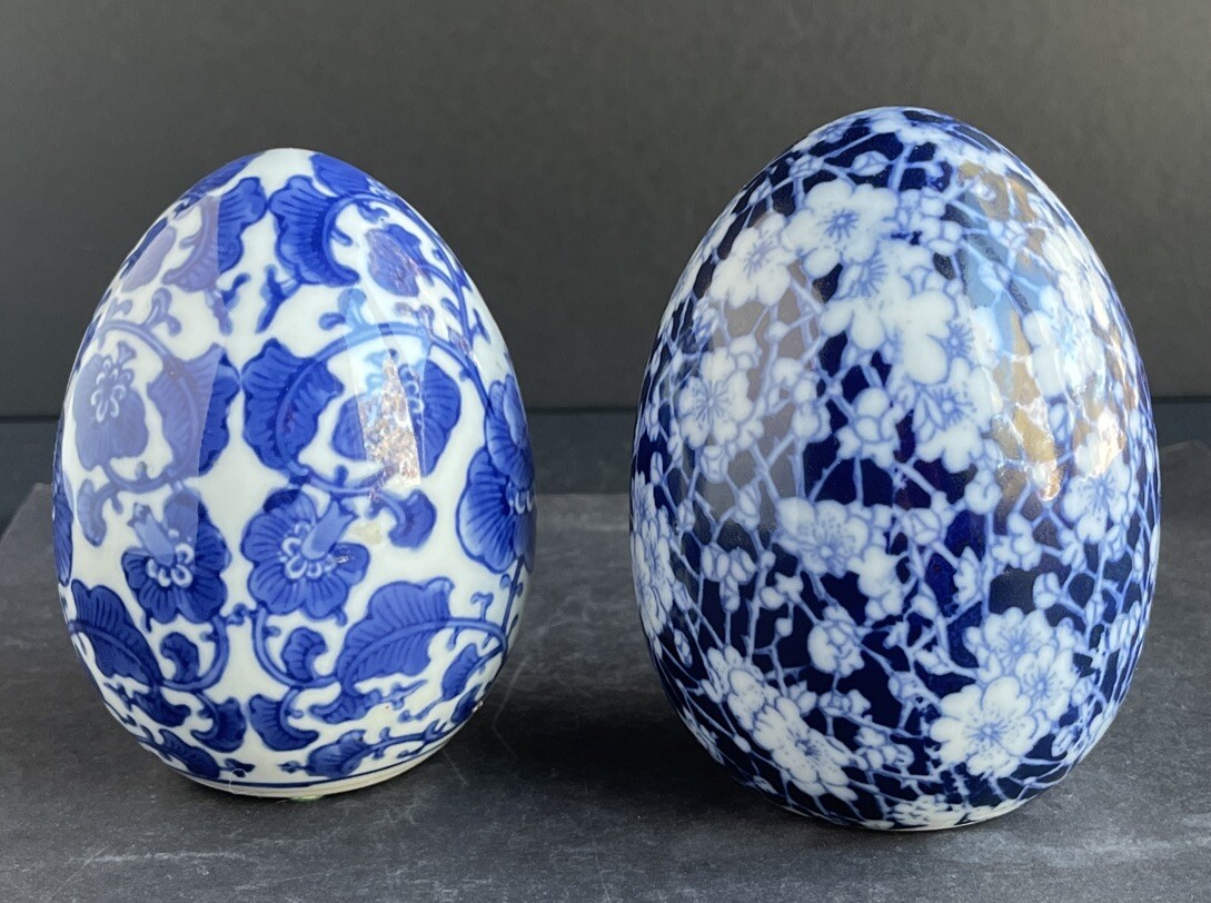 Vintage Asian Blue & White Two Large Eggs 4.25” Collectable Home Decor