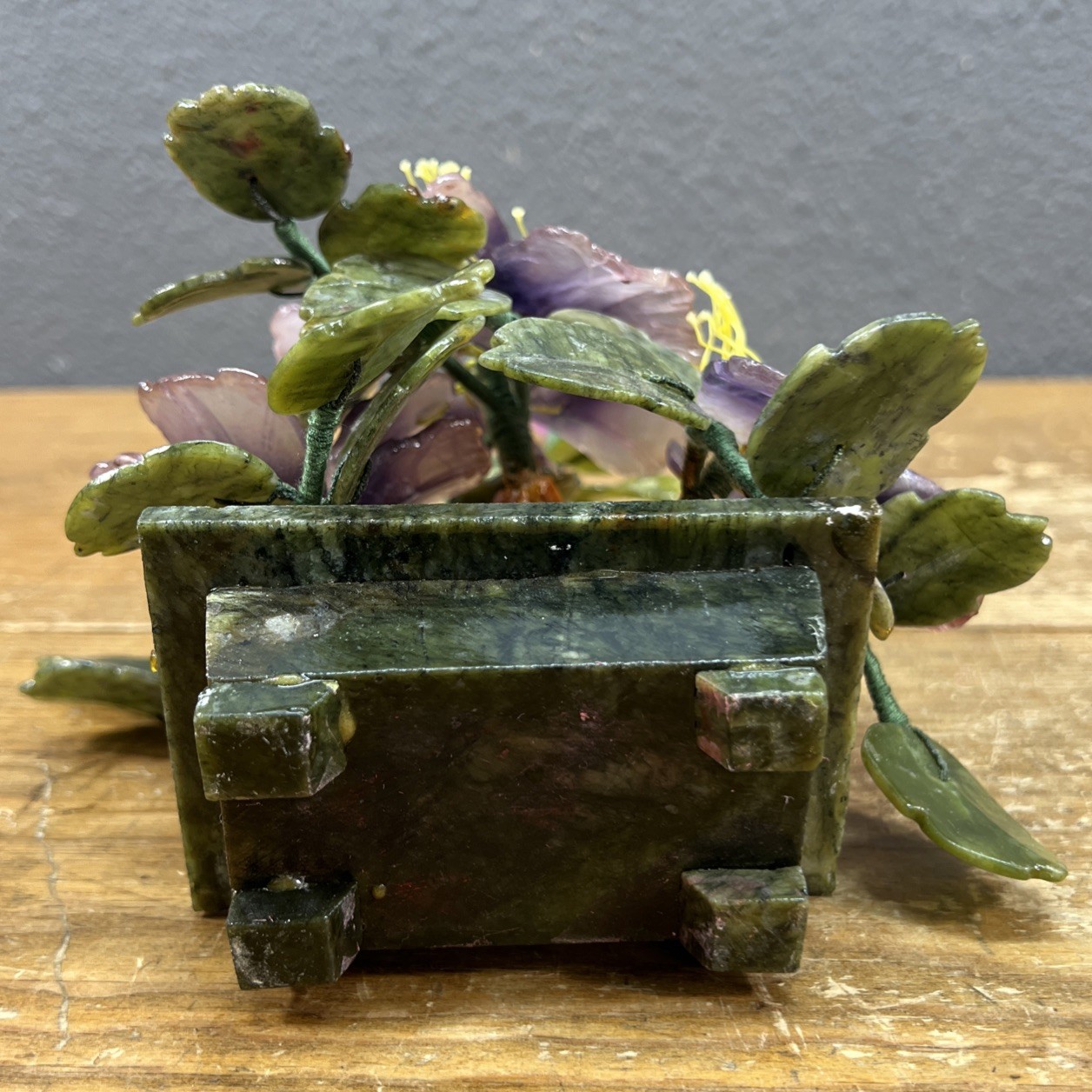 Vintage Japan Carved Stone Jade Bonsai Flowering Tree