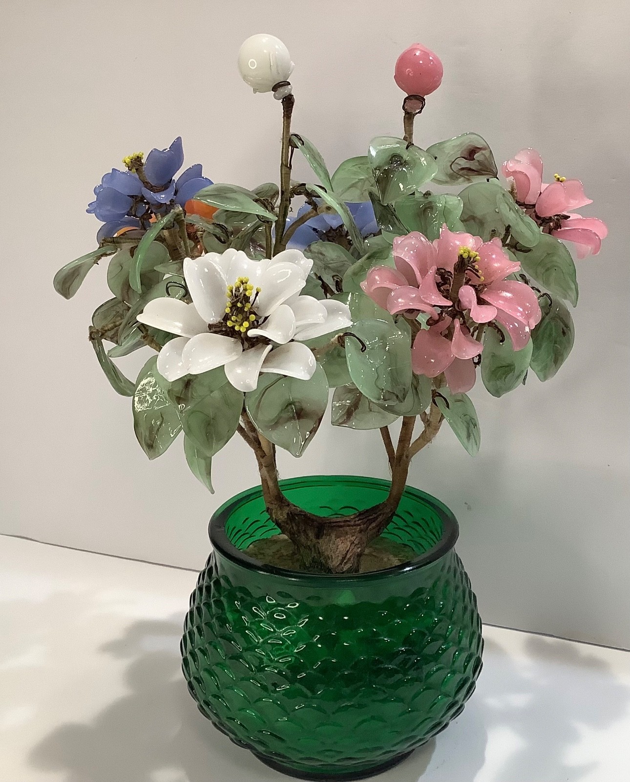 Vintage Chinese Jade Color Glass Flowering Bonsai Tree in E.O. Brody Vase