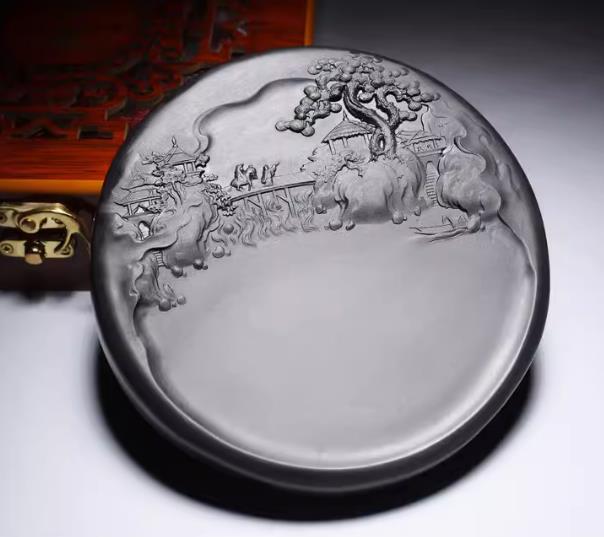 5.6″ Natural Original Stone Hand-carved Bridge Figure Scenery Inkstone Inkslab