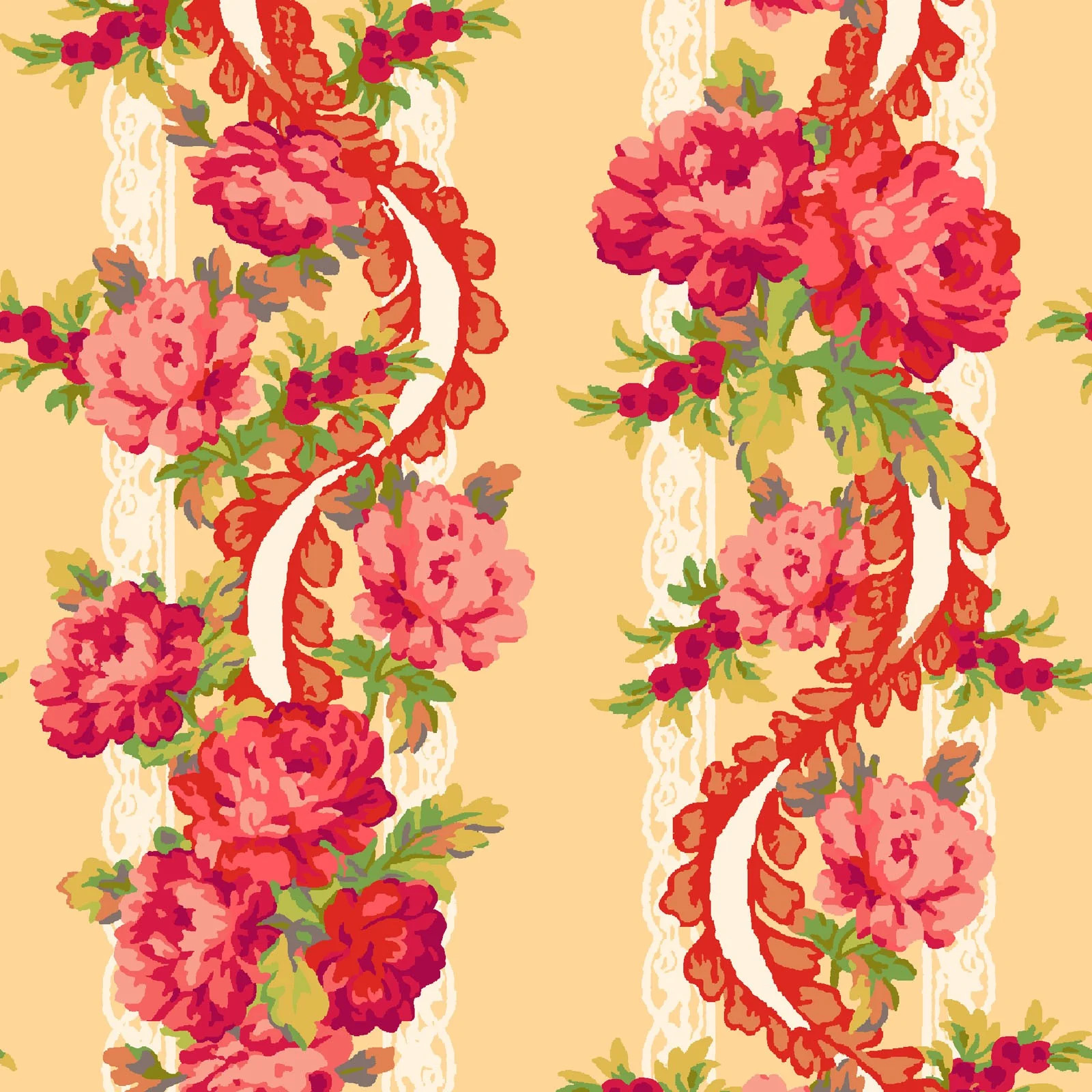 44 x 36 Maywood Studio Floral Border Pink on Light Yellow 100% Cotton All over p