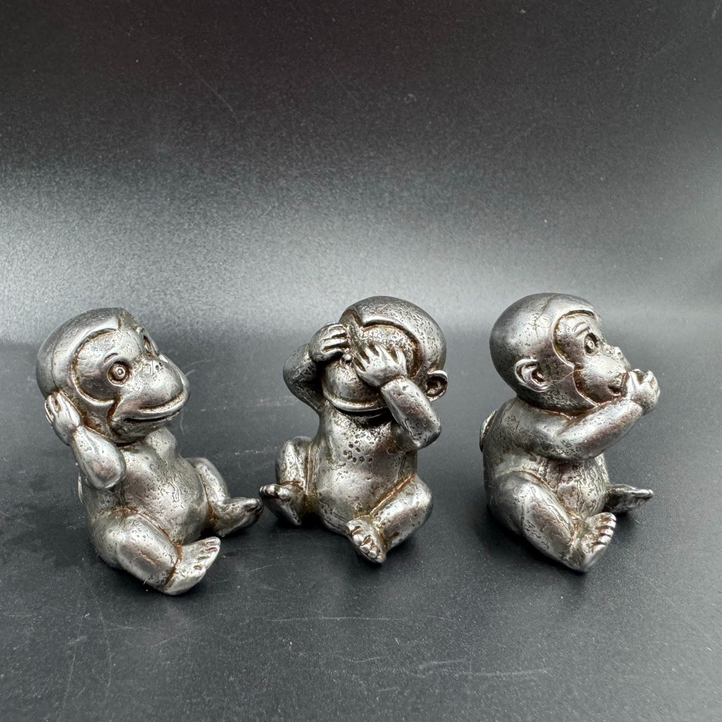 Set of 3 Metal Three Wise Monkeys Mini Statues Hear See Speak No Evil Desk Decor