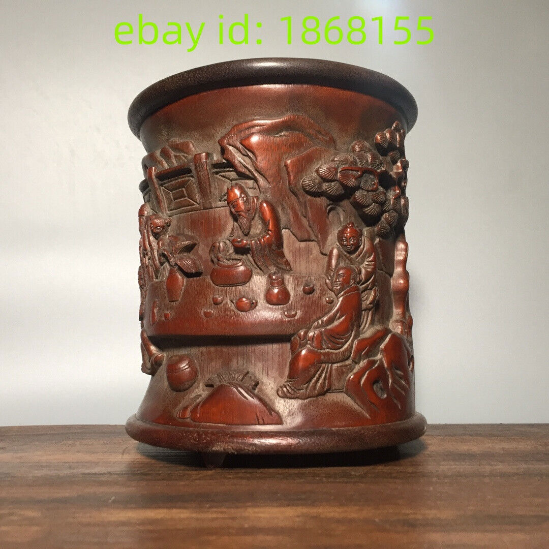 6.5″ old Hand-carved four virtues of refined people statue bamboo Pen Brush pot
