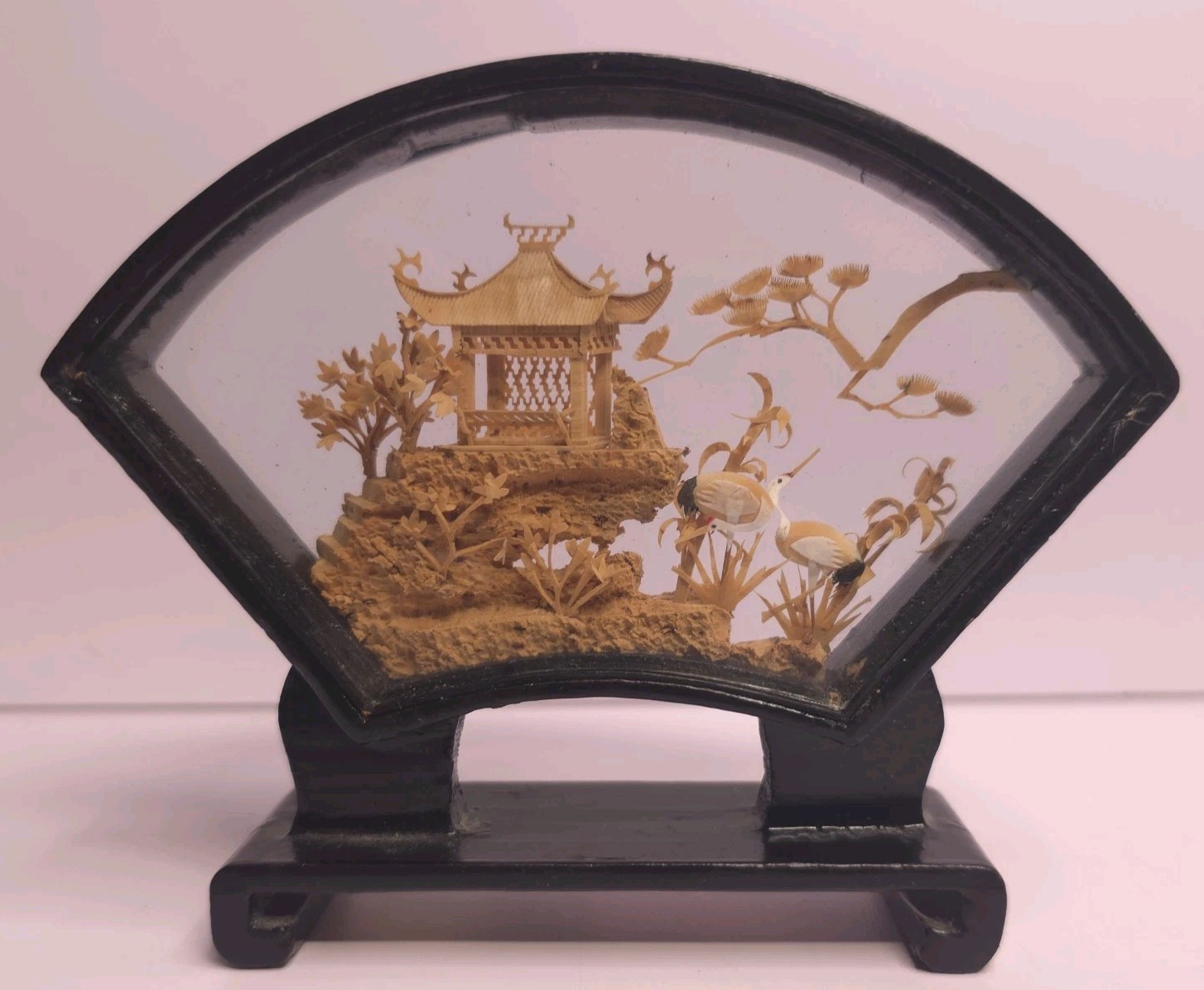 VINTAGE CHINESE SAN YOU DIORAMA CORK CARVING GLASS CASE PAGODA TREES & CRANES.