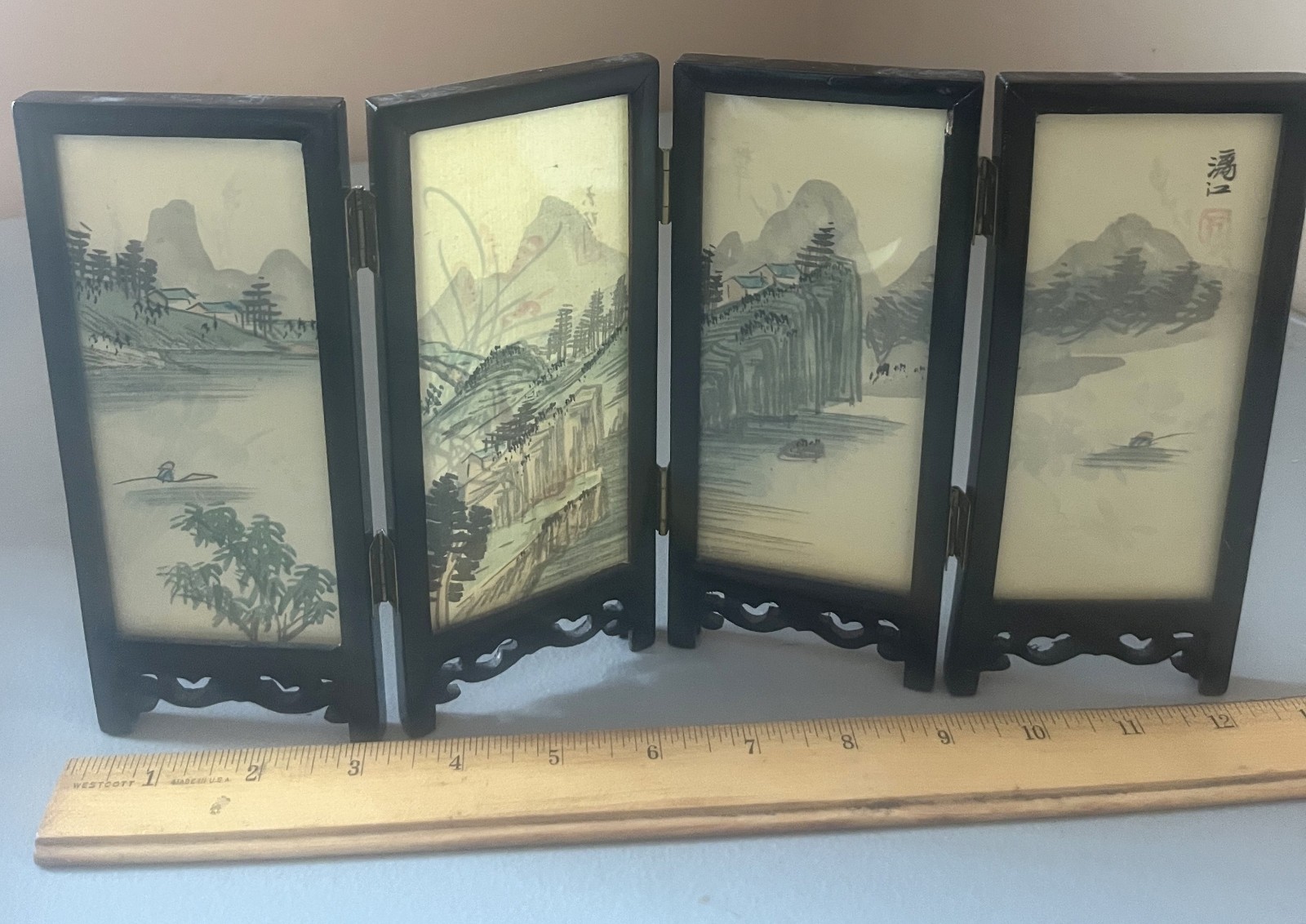 Vintage mini table top chinese 2 sided hand painted screens pannel wood/glass