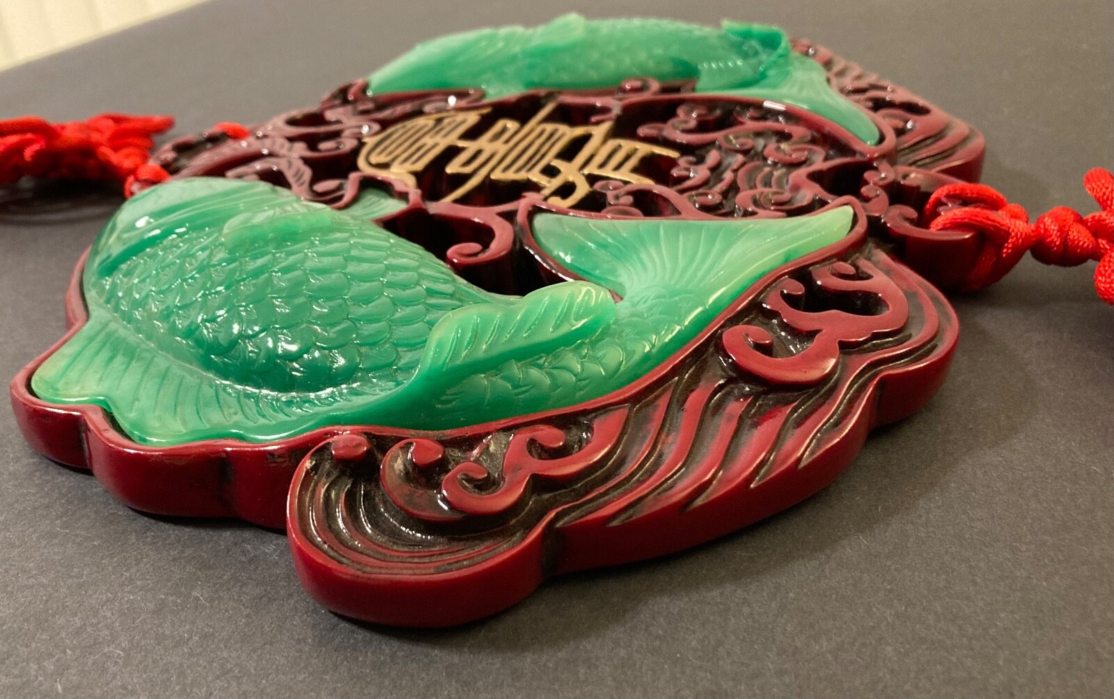 Oriental KOI FISH RED HANGING CARVED FAUX-JADE WALL ART PIECE ~ Lucky Knots!