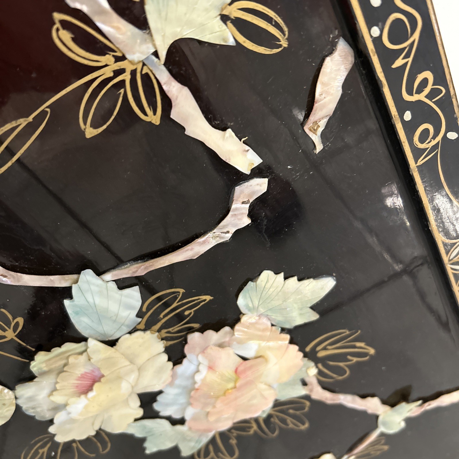 2 Vintage Oriental Asian White Mother of Pearl Four Panel Screen Flowers & Birds