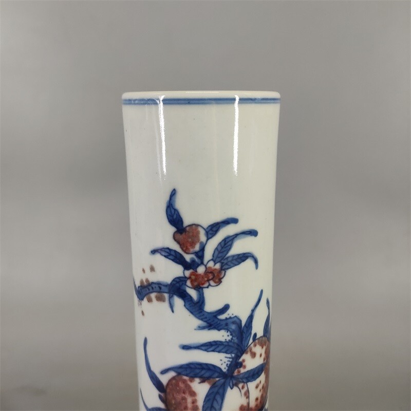 9.2″China Qing Blue White Porcelain Red Glaze Longevity Peach Bat Incense Tube