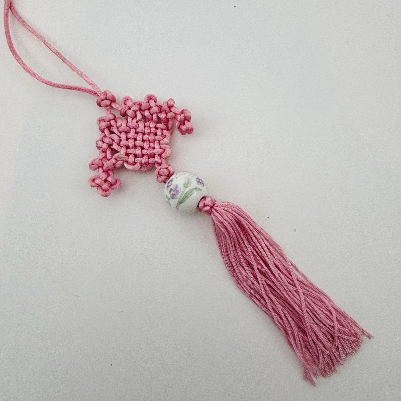 Oriental Chinese Lucky Knot Hanging Porcelain Ornament Pink With Tassel
