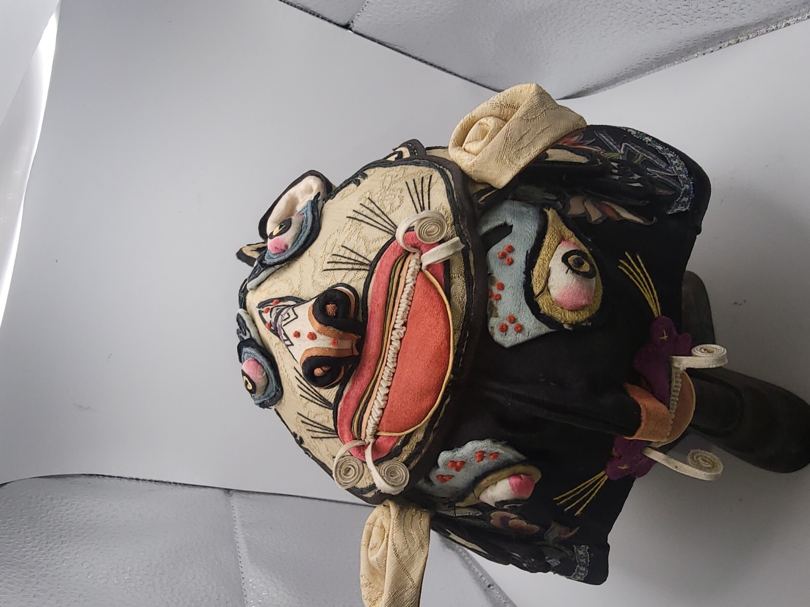 Antique Chinese Embroidered Baby Tiger Hat with Stand