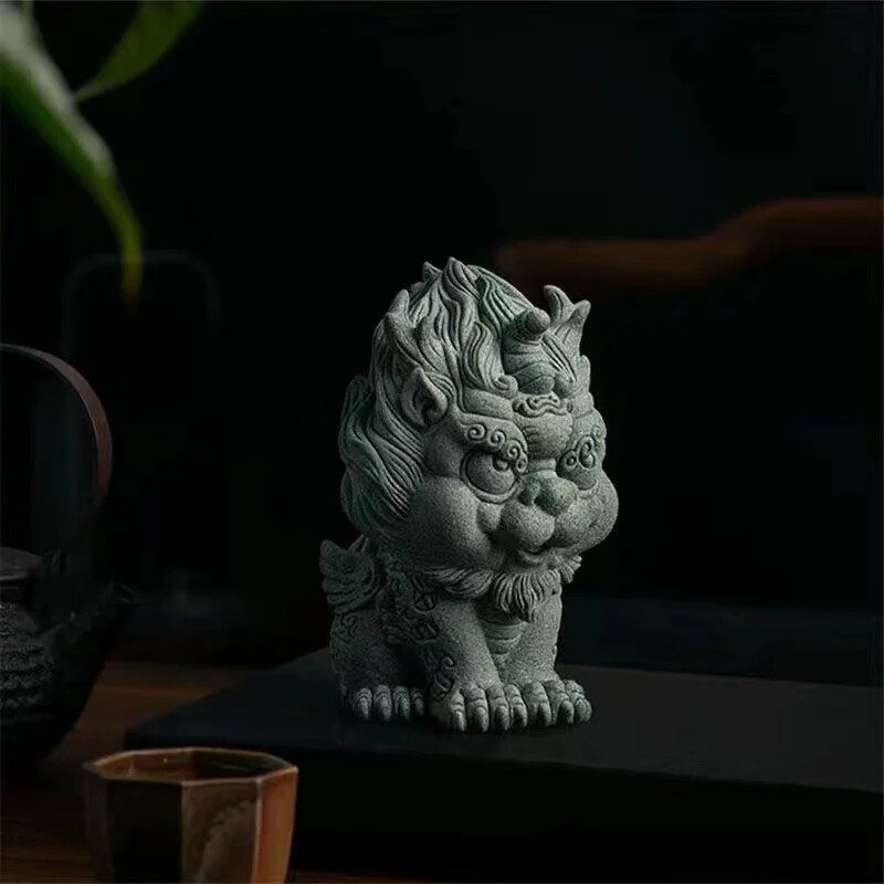 Chinese Style Rui Beast Kirin Statuette Green Sand Stone Art Sculpture Home Room