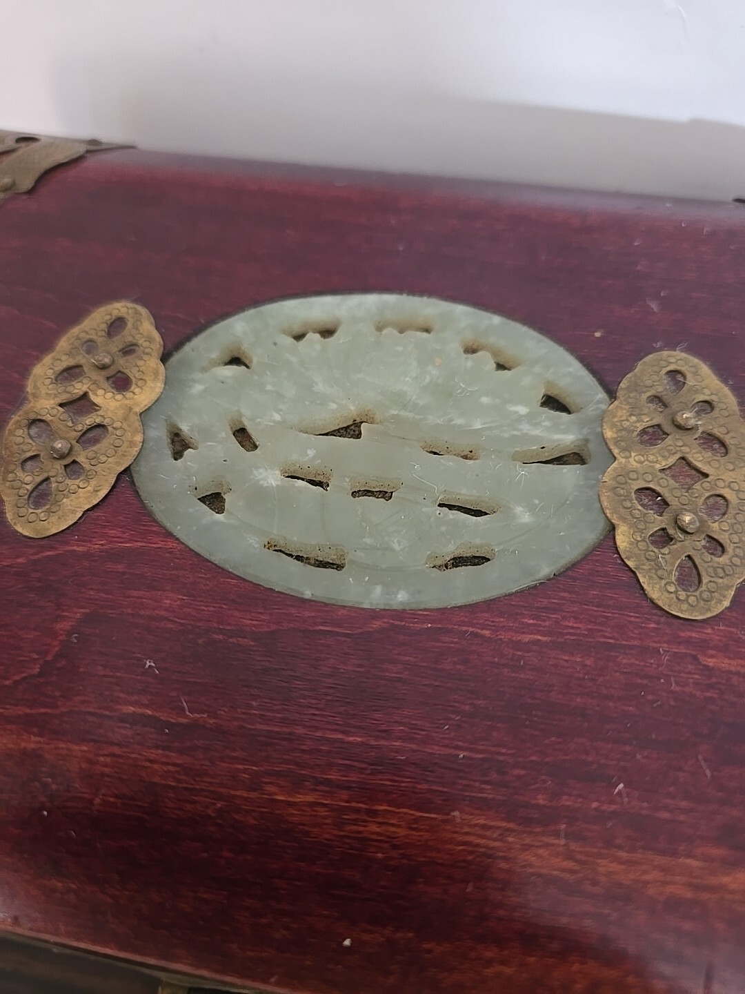 Jewelry Box Wooden Brass Accents Shangai Jade Detail VTG
