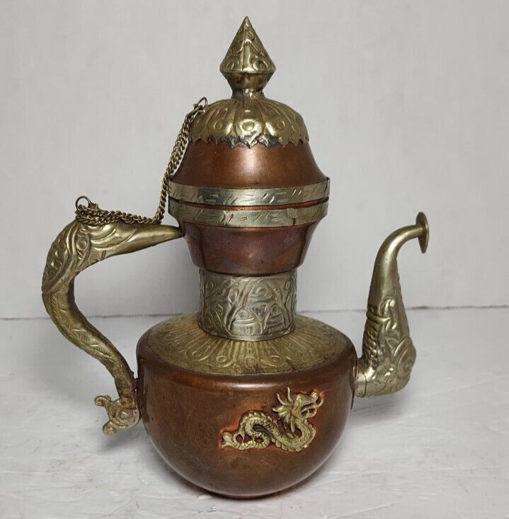 ANTIQUE / VINTAGE COPPER AND BRASS TIBETAN TEAPOT WITH DRAGON
