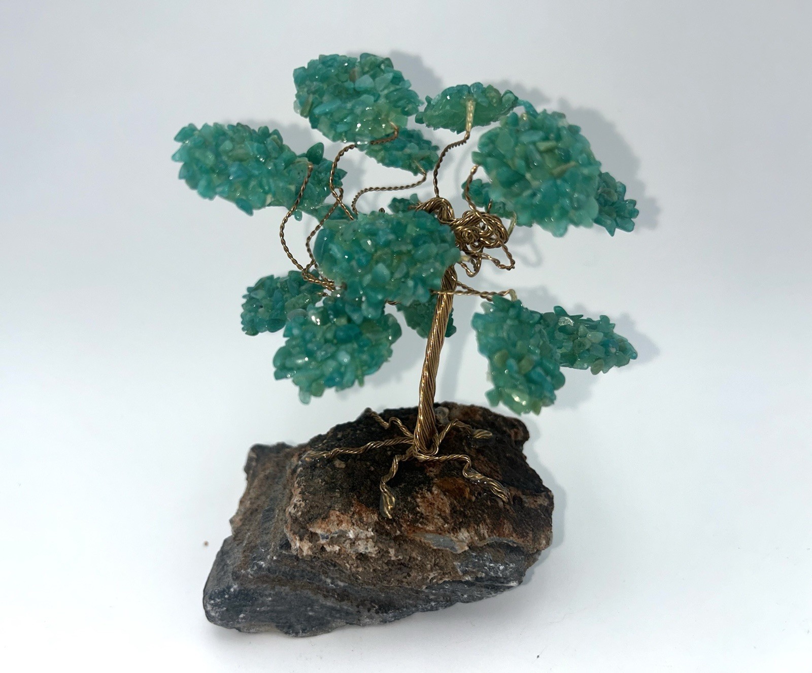 Vintage Crystal Bonsai Tree Sculpture Copper Wire on Natural Stone Base.