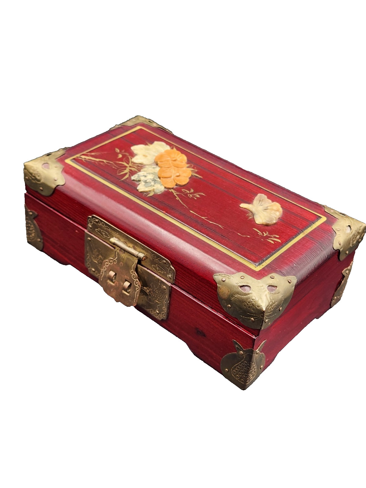 Wood & Brass Locking Box Shanghai China W/Lock & Key Jewelry Trinket – Vintage