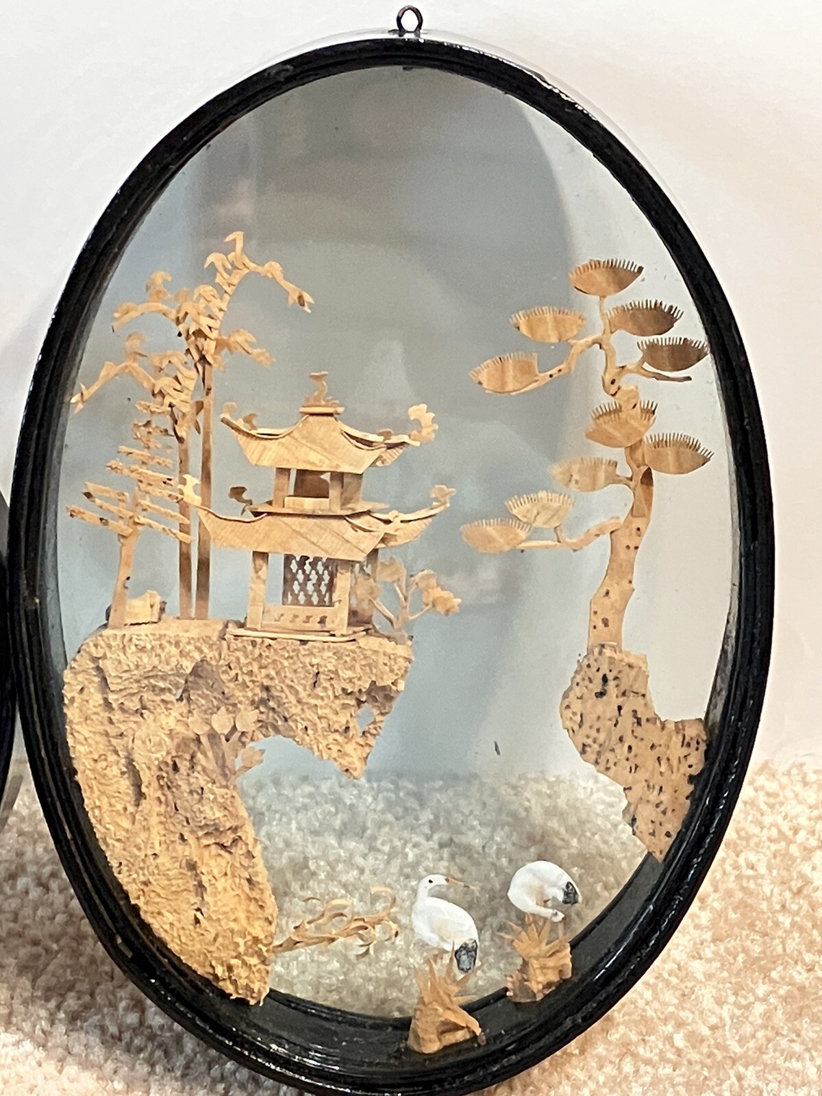 Vintage Chinese Cork Carving Diorama Set Of 2 Lot Cranes Pagoda Lacquered Wood