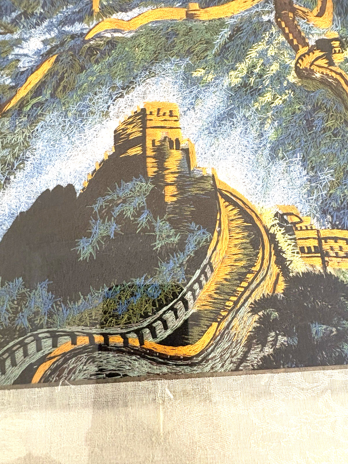 Chinese Asian 100% Silk Tapestry Embroidery Great Wall Plexiglass Mount
