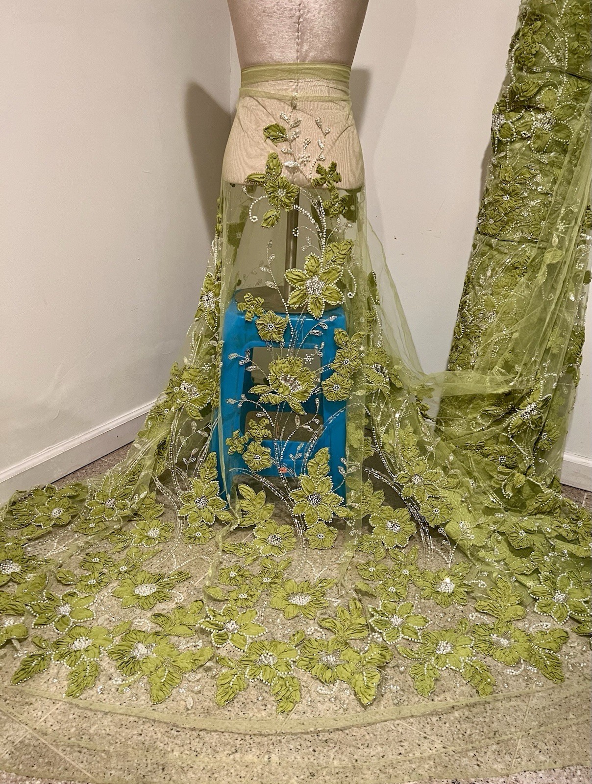 Green Silver Beaded Embroidery Bridal Lace Fabric 50” Width Sold By Yard
