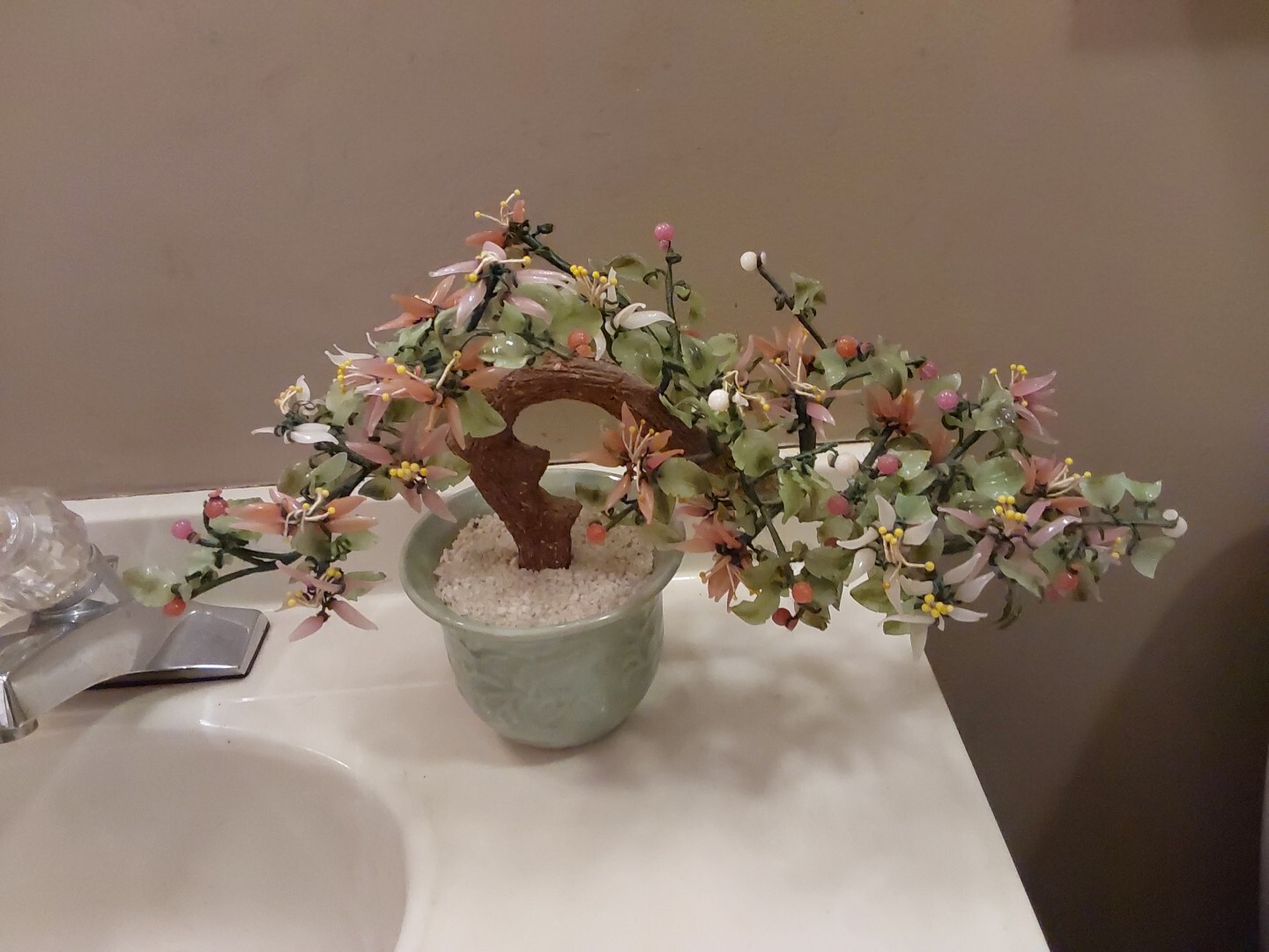 Vintage Jade & Glass Bonsai Tree Multi-Color Chrysanthemum Blossoms Celadon Pot