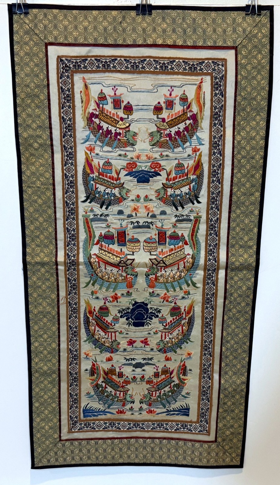 GORGEOUS COLORFUL CHINESE EMBROIDERED SILK PANEL ART WORK – 25″ X 12″ 1/2