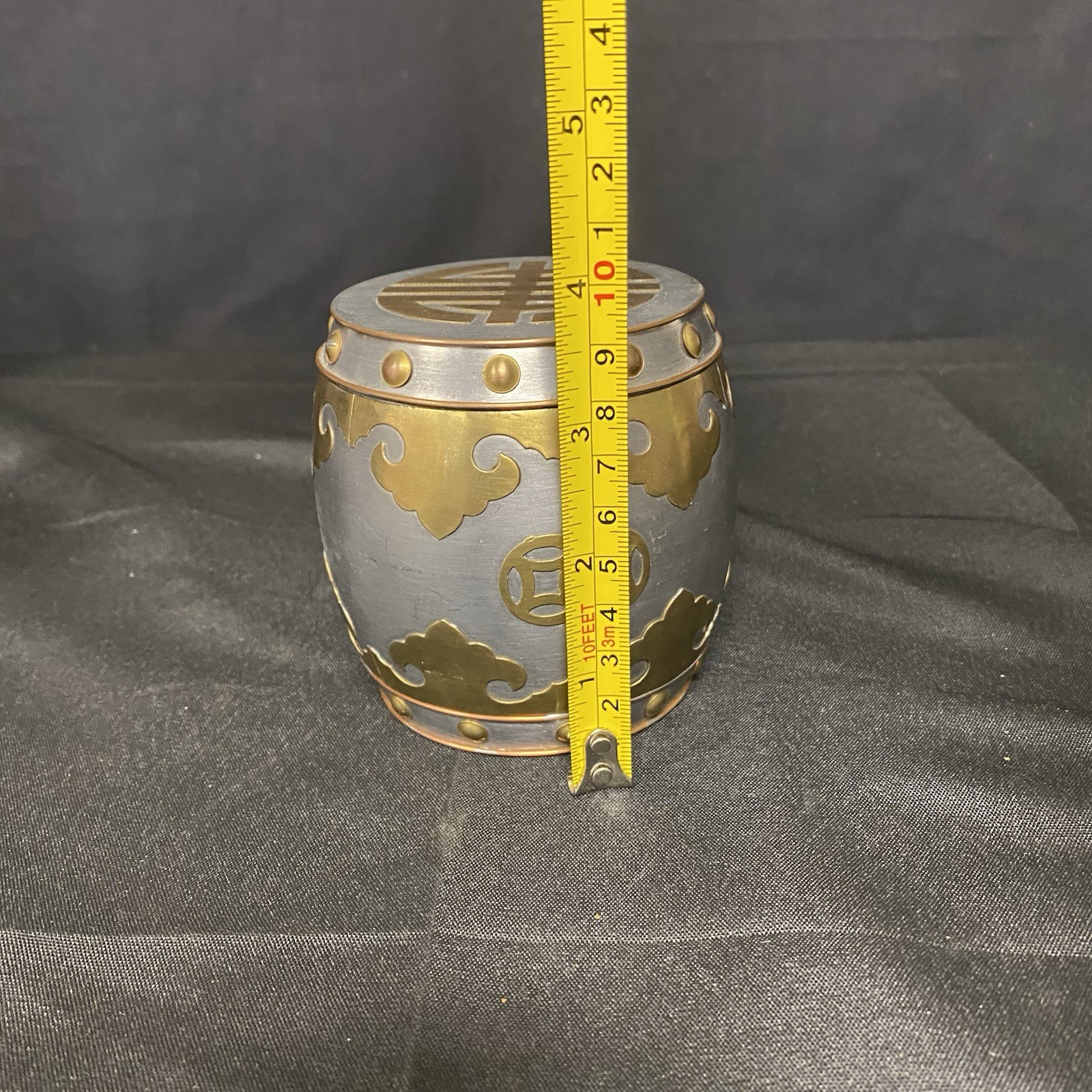 Chinese Solid Pewter & Brass 3.5” Vintage Ornate Tobacco Jar Tea Caddy Hong Kong