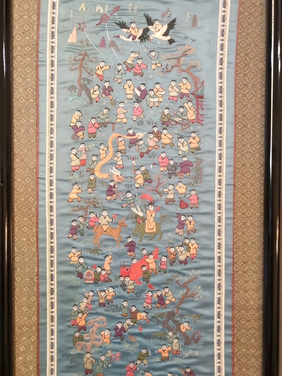 VTG Chinese Silk Tapestry 100 Children At Play Embroidery Framed Art 14” x 27”