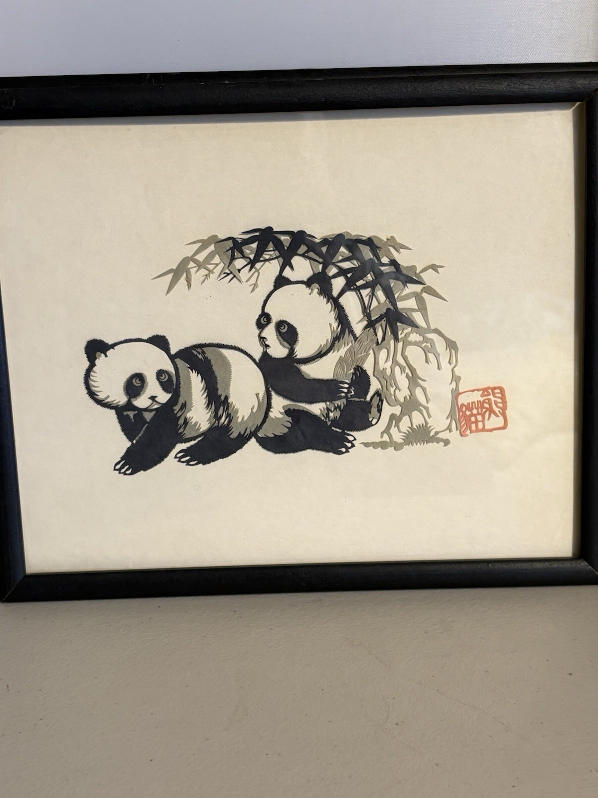 Pair of Chinese Folk Art Hand Cut Panda Paper Cut Outs 1979 8×10 Bear