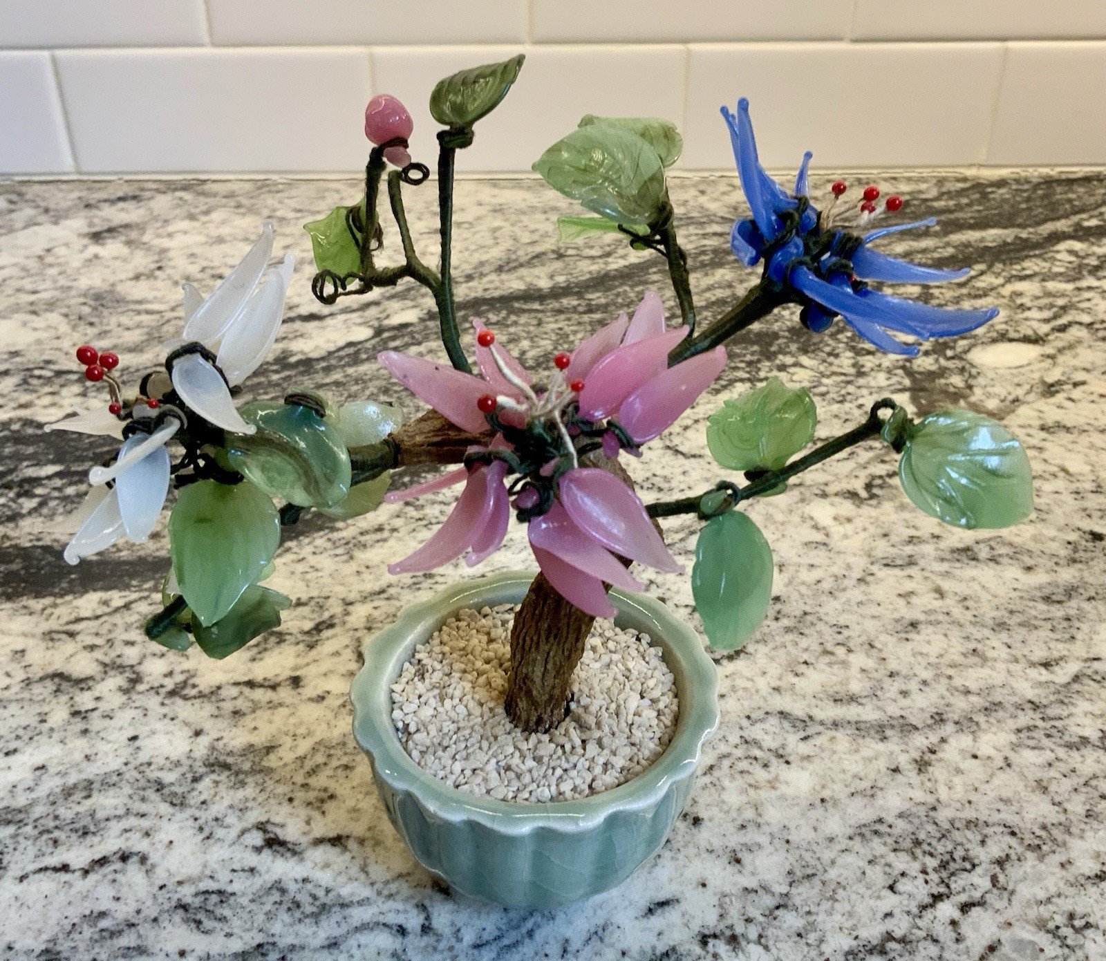 Victorian Era Chinese Jade Flowered Bonsai Tree in Celedon Planter