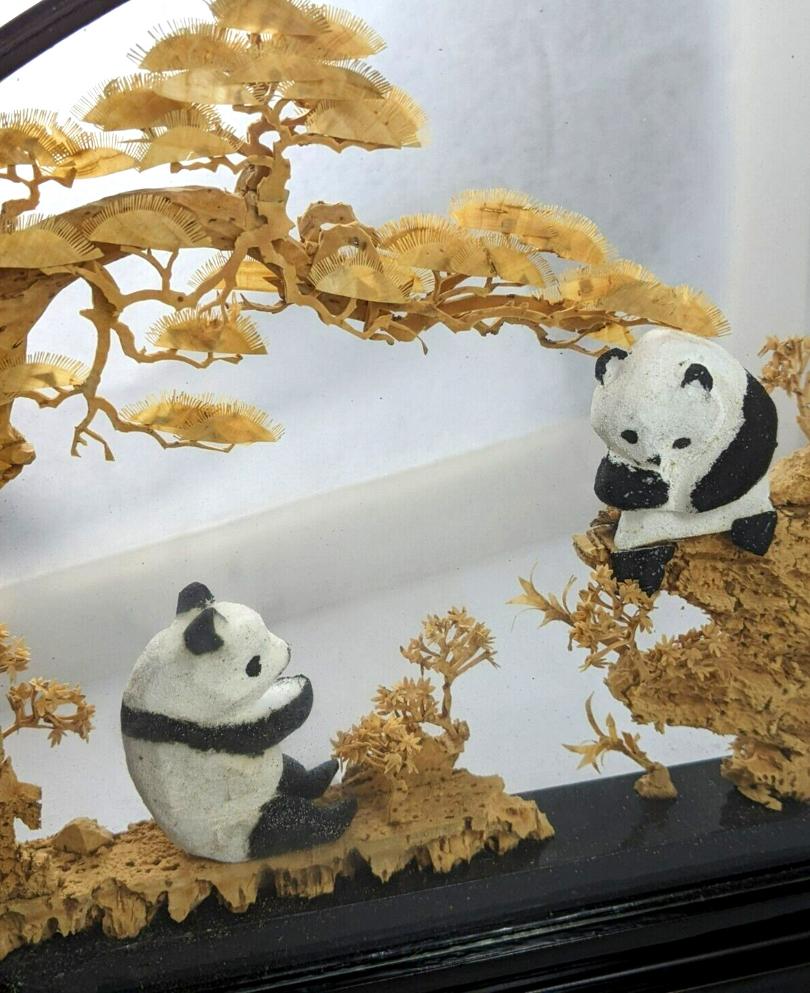 Chinese Oval Diorama Panda Bears Hand Carved Cork Trees Scene Lacquered Frame
