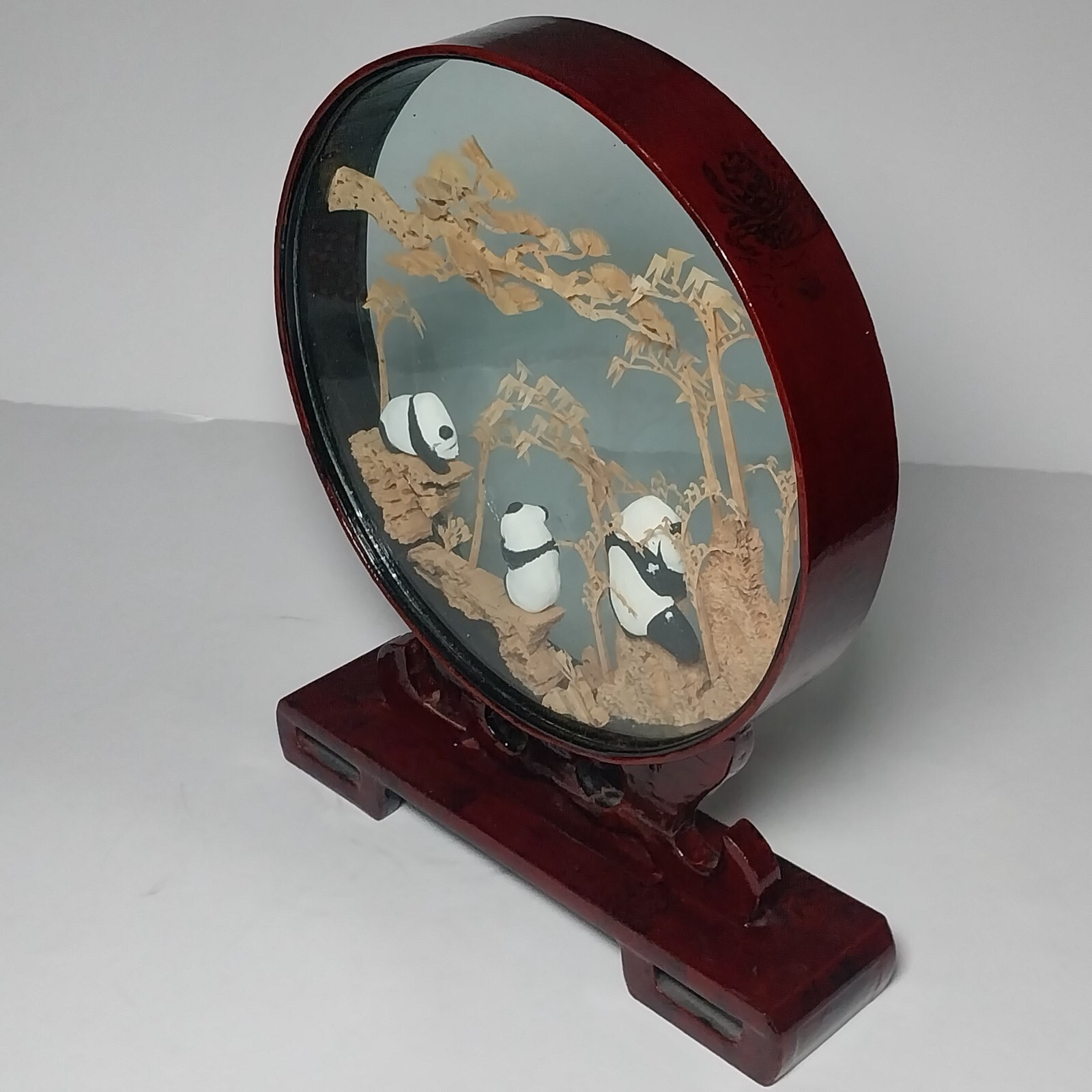 Antique Asian Carved Cork Framed Glass Diorama w/ Panda Bear Figures on Stand
