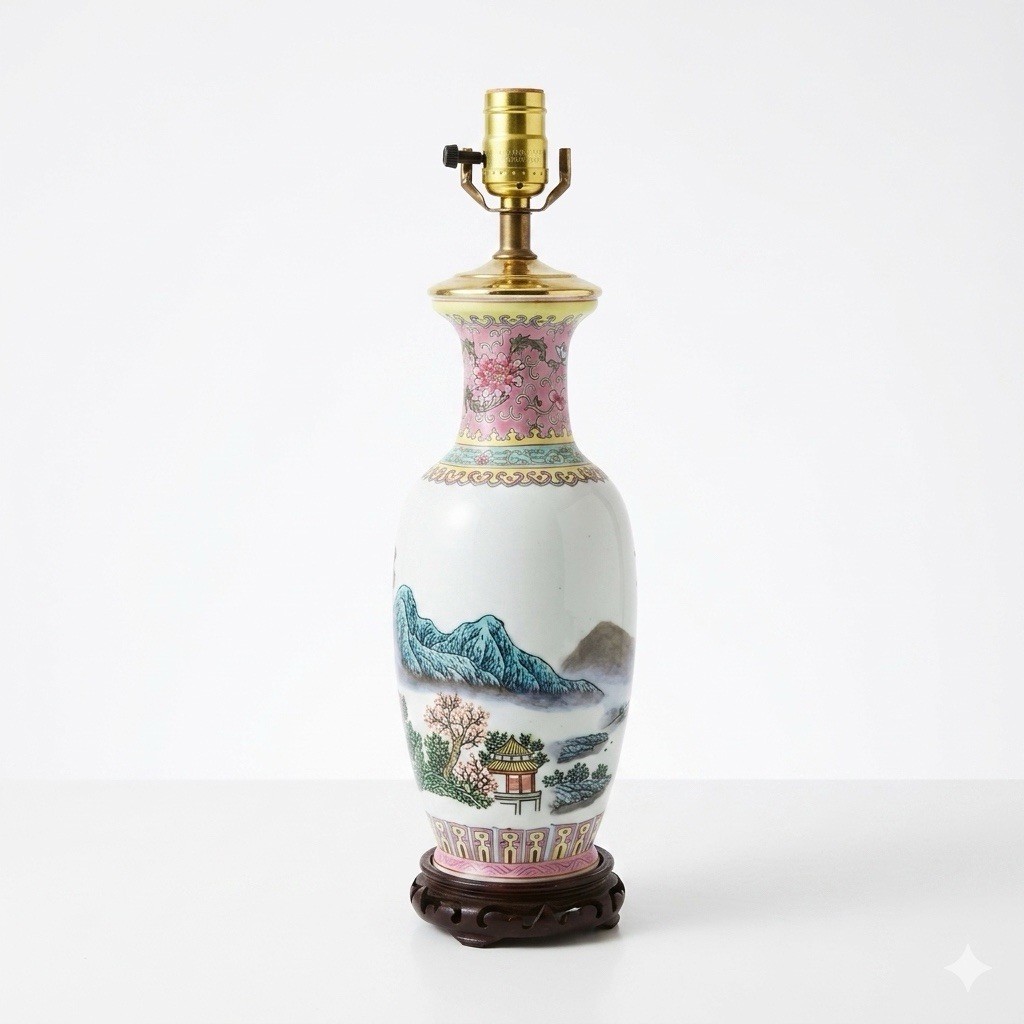 Vintage Chinese Famille Rose Porcelain Landscape Vase Lamp Inscribed 17.25″