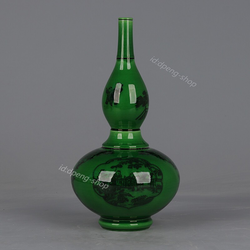 10.7″ China Kingfisher Coloured Glaze Porcelain Hacking Child Play Gourd Vase
