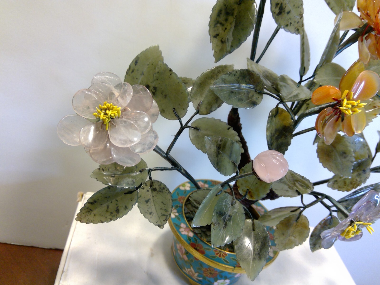 Vintage Chines Cloisonne Pot Bonsai Tree Craved Stone Flowers & Leaves 11″ Tall