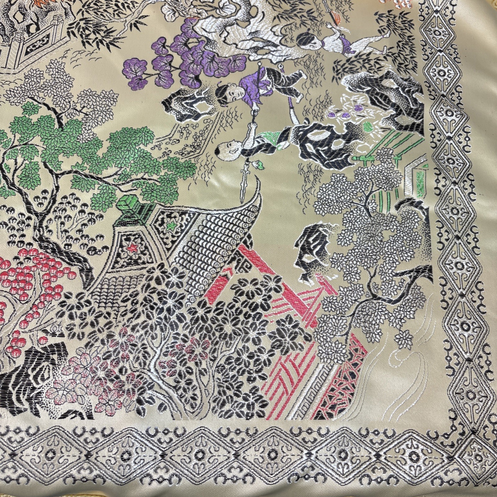 Vtg Brocaded Flowers Chinese Silk Scenic Square Tapestry Table Cloth 46″ X 48″