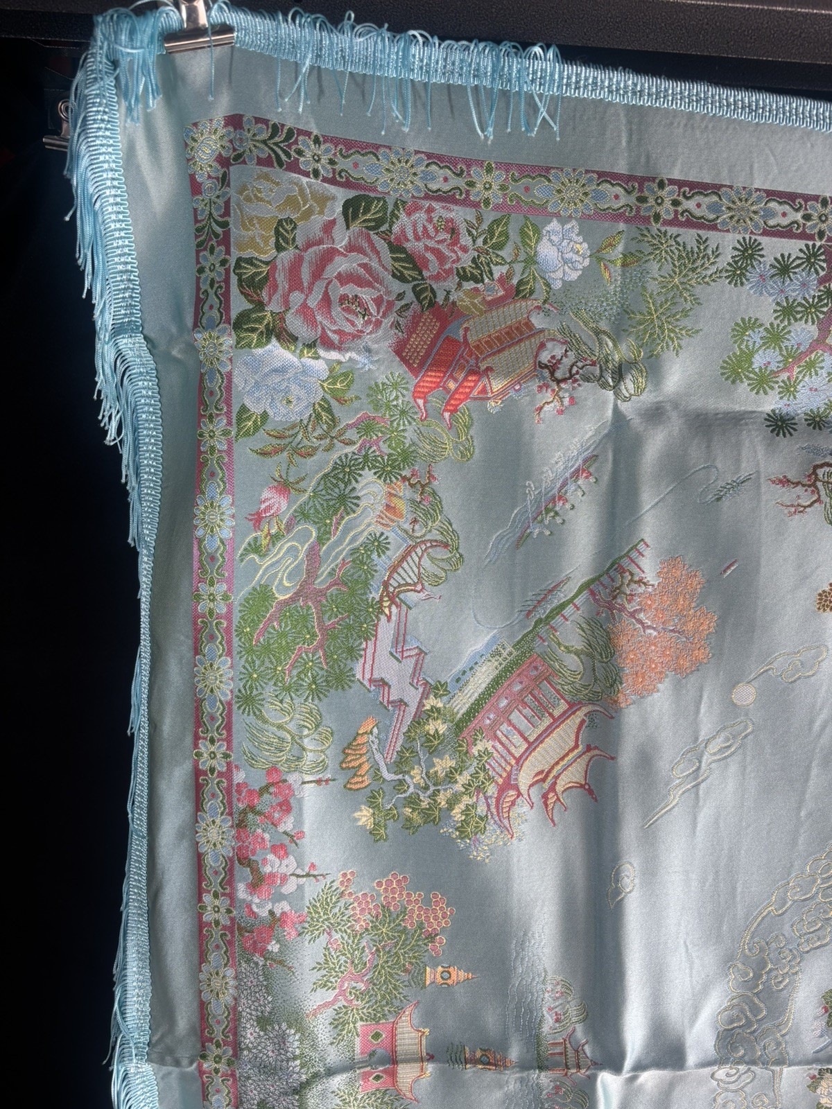 Vintage Silk Brocaded Flowers China Tapestry Table Cloth Box Bright Blue Fringe