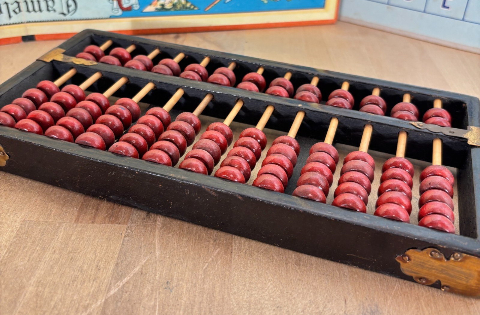 Vtg Chinese Abacus Wood and Brass 13 Rows 91 Beads, Lotus Flower Brand Red Black