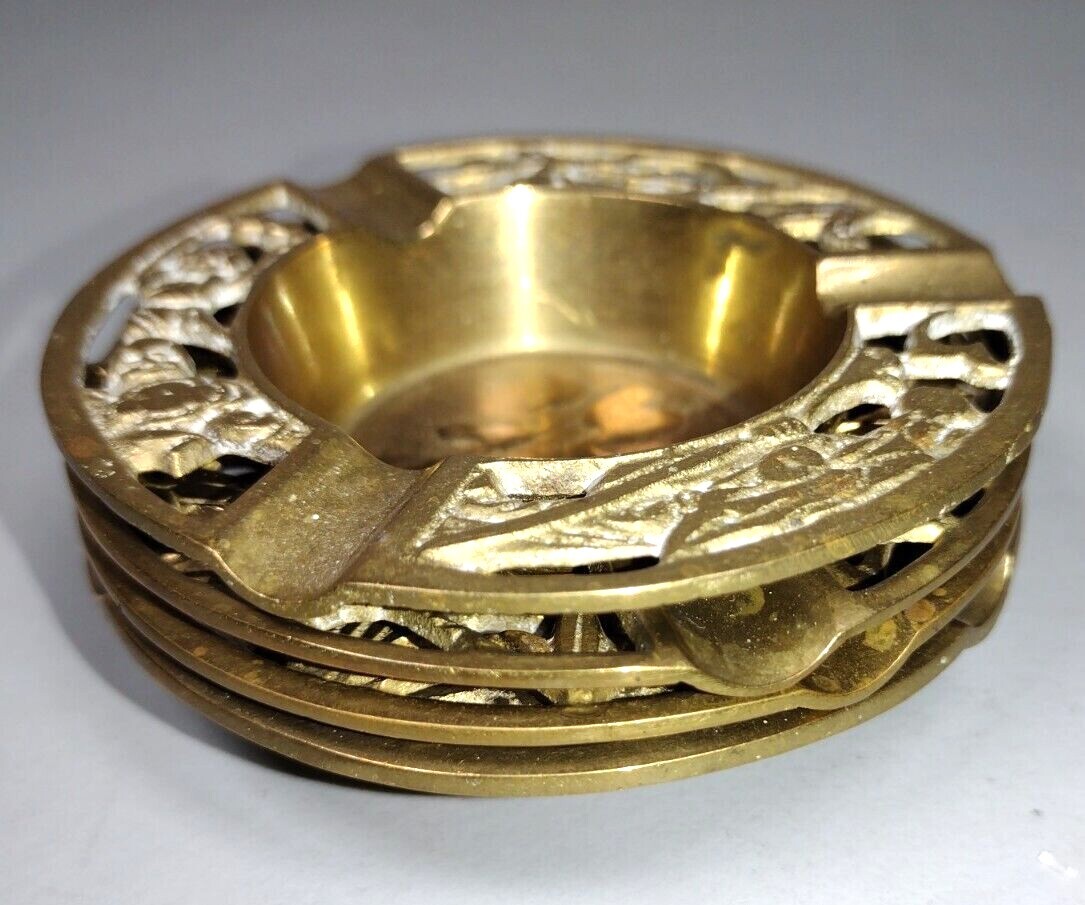 4 Vintage Brass Metal Chinese Chinoiserie Ashtray Oriental Asian Character Gold