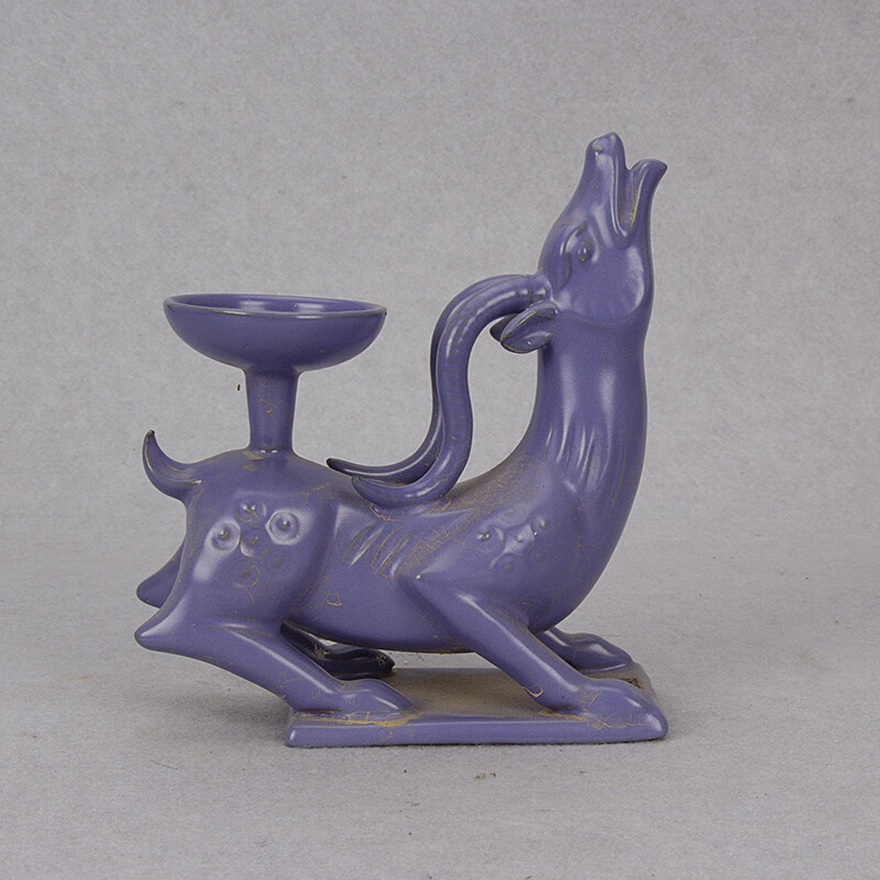 6.7″ China Porcelain Ru Kiln Purple Glaze 12 Zodiac Animal Sheep Oil Lamp Statue