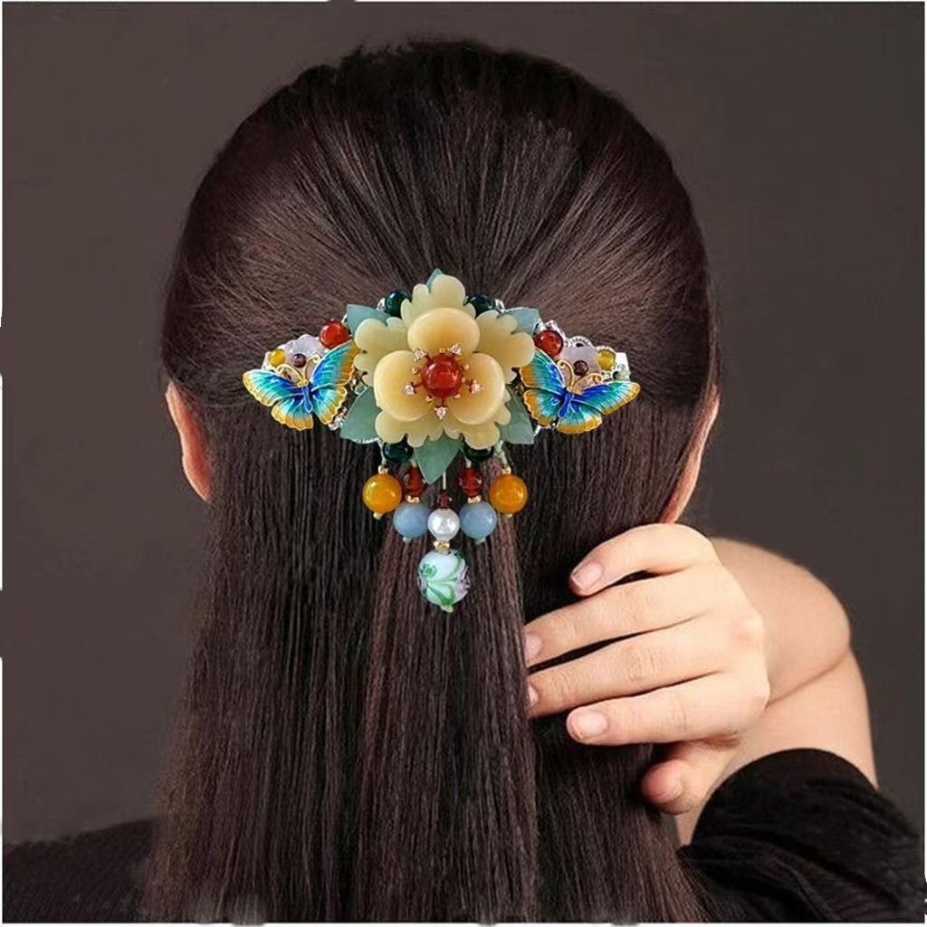 Vintage Cloisonne Top Clip Butterfly Flower Spring Hairpin Retro Ponytail Clip