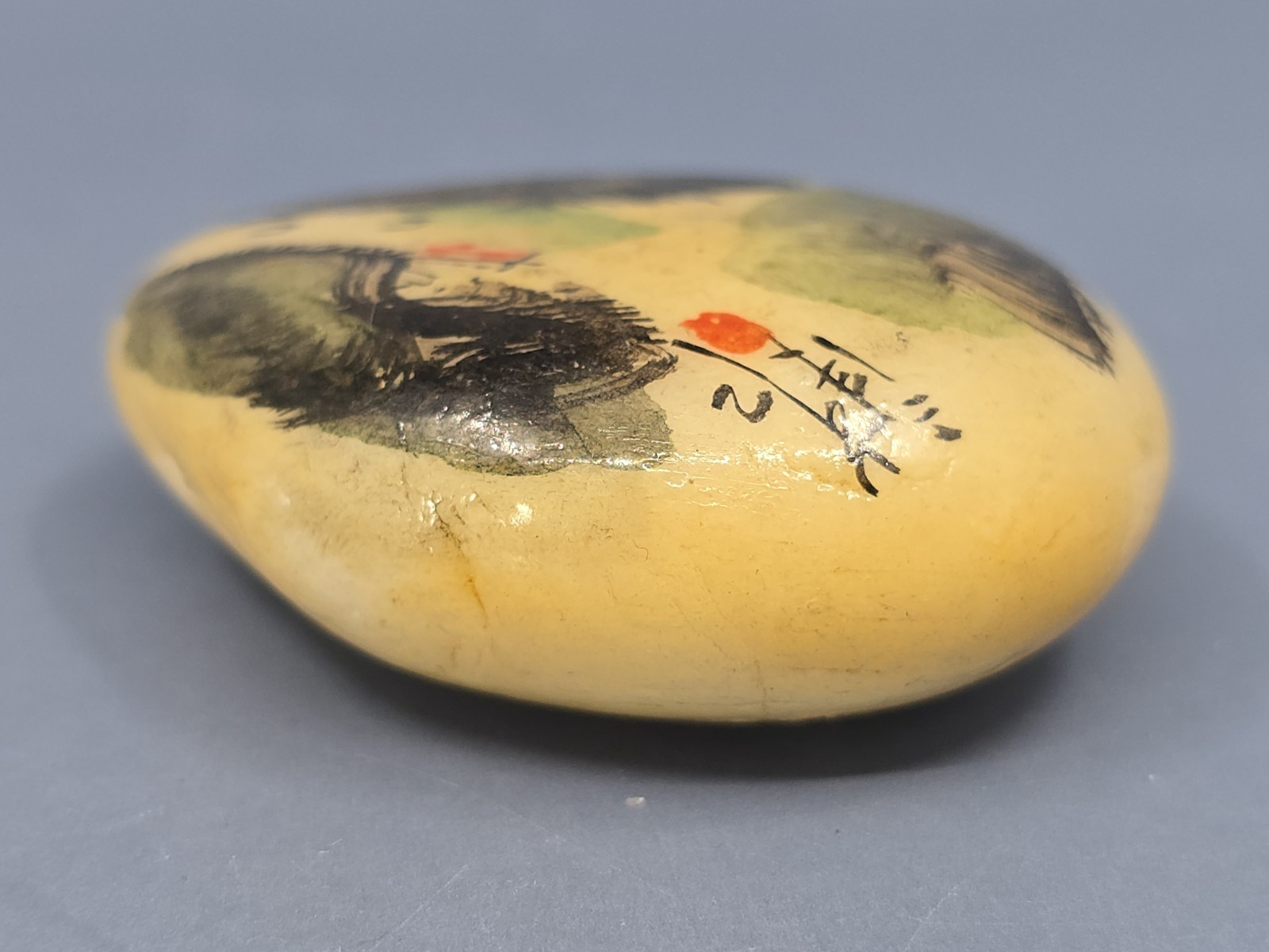 Vintage Antique Chinese Hand Painted Stone Signed