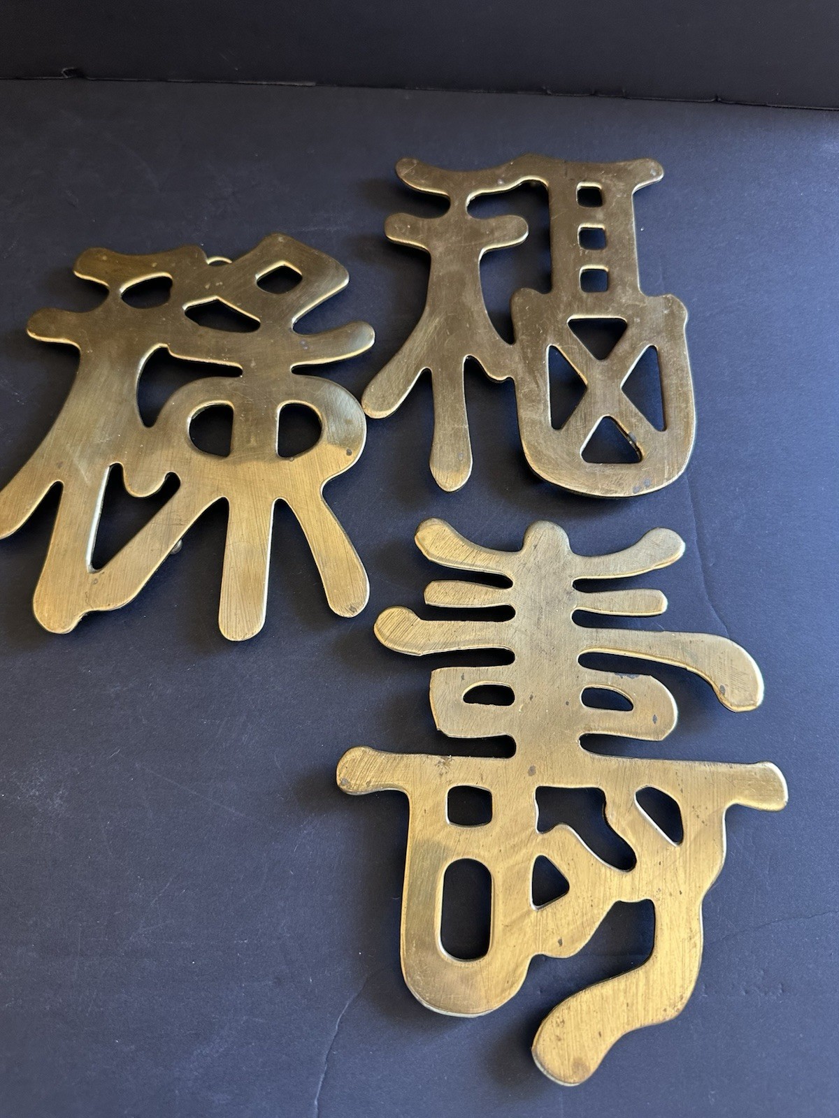 3 Chinese Symbols Solid Brass Wall Decor Trivets Happiness Good Luck Long Life