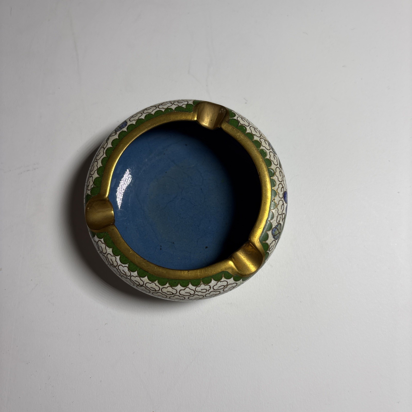 Chinese Asian Floral Cloisonné Enamel Brass Ashtray Blue Green Gold Vintage