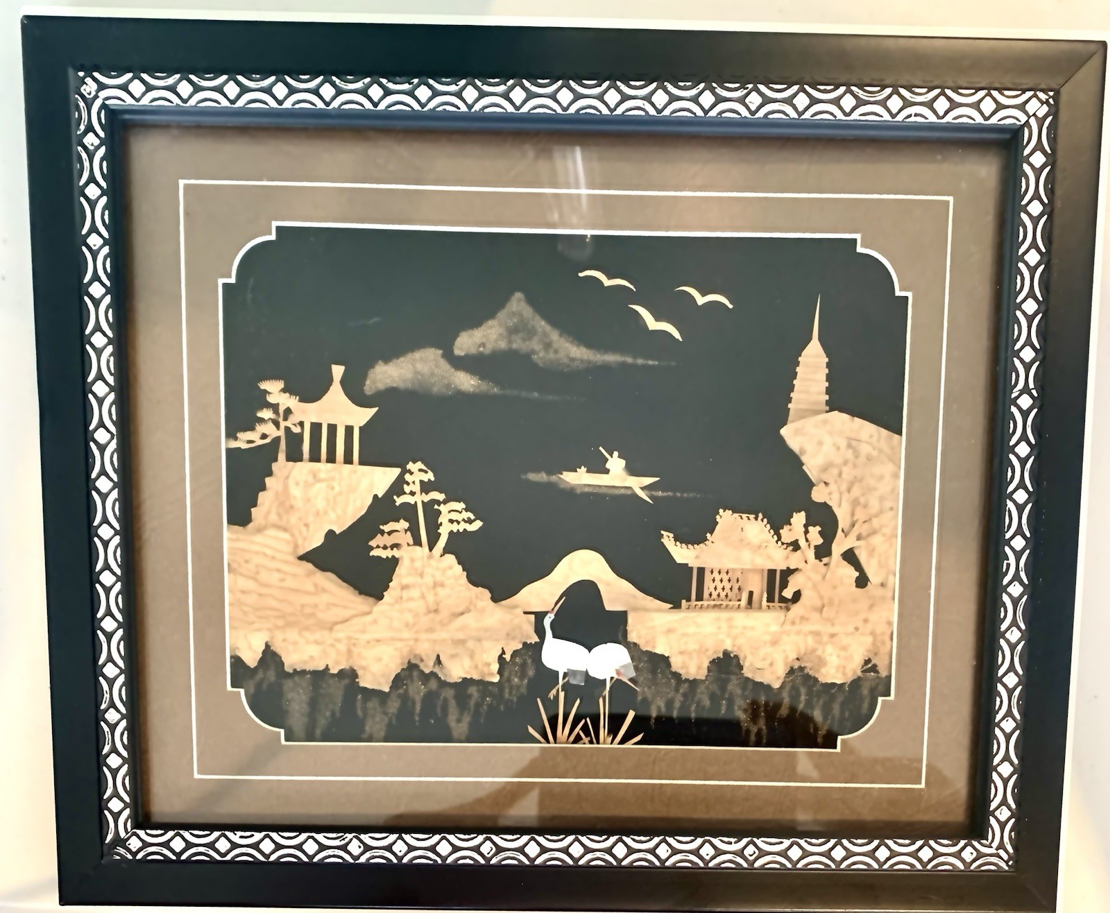 Vintage Asian Chinese Hand Carved Cork Art Diorama Pagoda Cranes 3D Framed