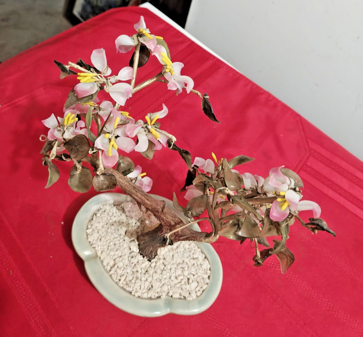 Multicolor Cherry Blossom Chinese Jade And Glass Flowering Bonsai Tree