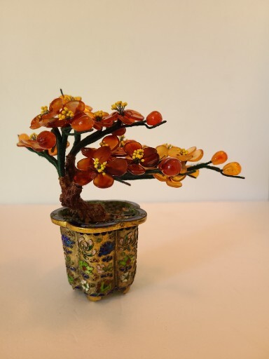 Chinese Gem Stone Art Bonsai Tree Carnelian Cherry Tree Cloisinae Pot 5″x5″